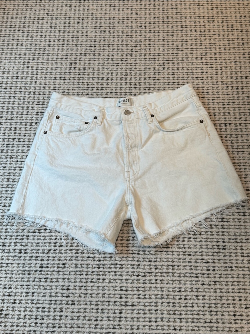 Agolde White Parker Long Raw-Hem Denim Shorts